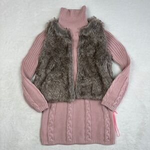 LULURAIN Pink‎ Cable Knit Turtleneck Dress Faux Fur Vest Set Girls M 5-6 Years